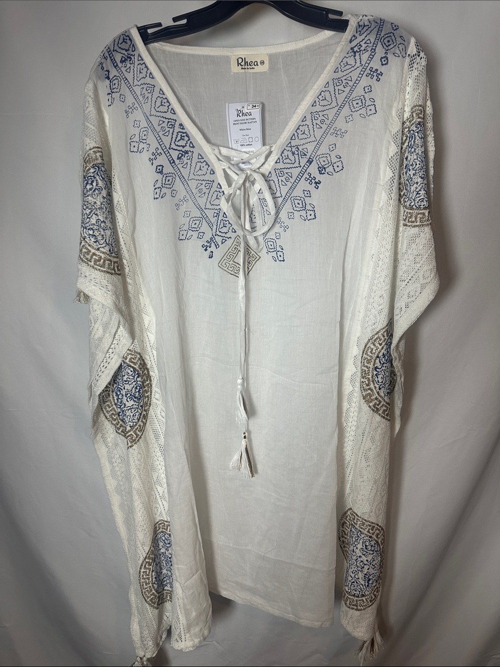 Rhea Costa White Embroidered V-Neck Tunic with Tassel Tie